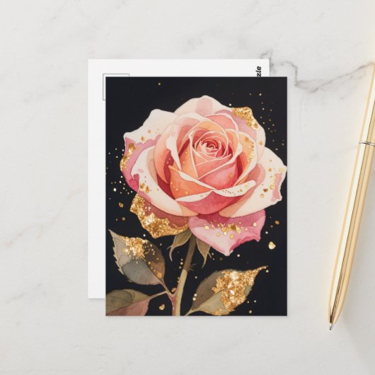 Rose Blume Gold Glitzer Ölgemälde Postkarte (Vorderseite/Rückseite Beispiel)