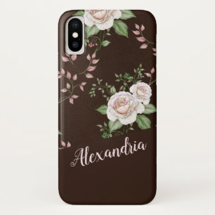 Rose Blume Muster braun grün und rosa iPhone X Hülle