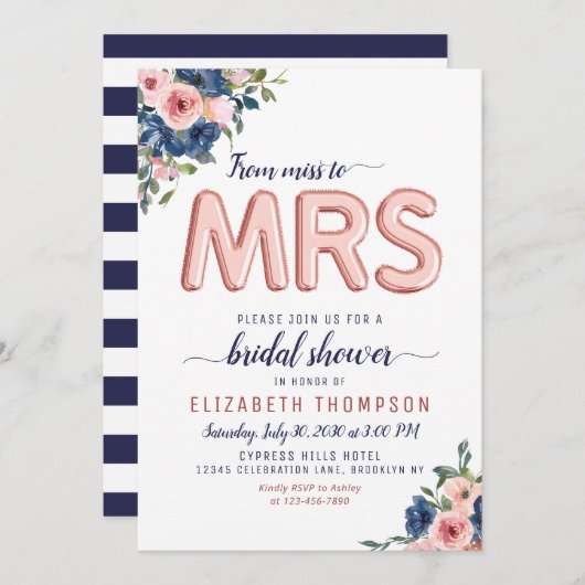 Rose Blume Navy Blush Brautparty Einladung (Vorne/Hinten)