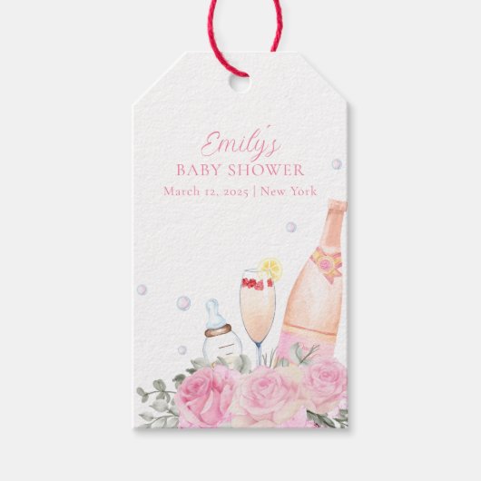 Rose Blume Poppin Champagner Flaschen Kinderdusche Geschenkanhänger (Vorderseite)
