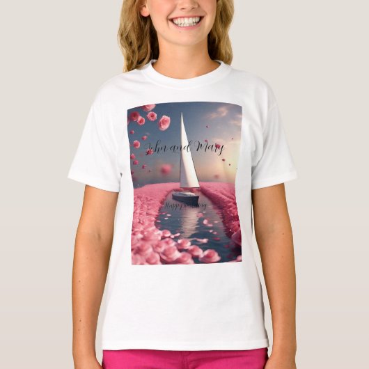 Rose Blume Segelboot Hochzeitsticker T-Shirt (Vorderseite)