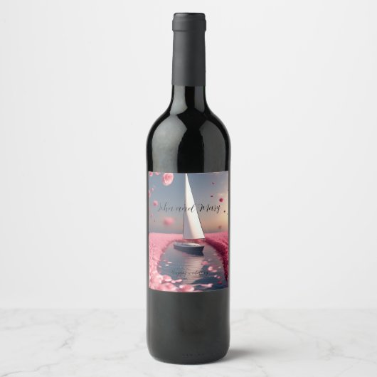 Rose Blume Segelboot Hochzeitsticker Weinetikett (Vorderseite)