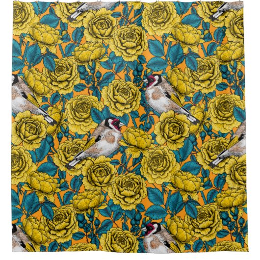 Rose Blume und Goldflossenvögel Duschvorhang (Vorderseite)