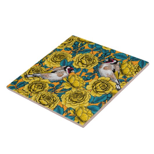 Rose Blume und Goldflossenvögel Fliese (Seite)