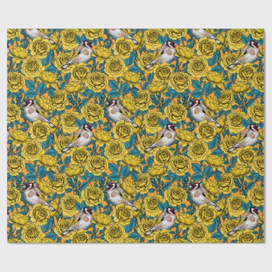 Rose Blume und Goldflossenvögel Geschenkpapier (Flach)