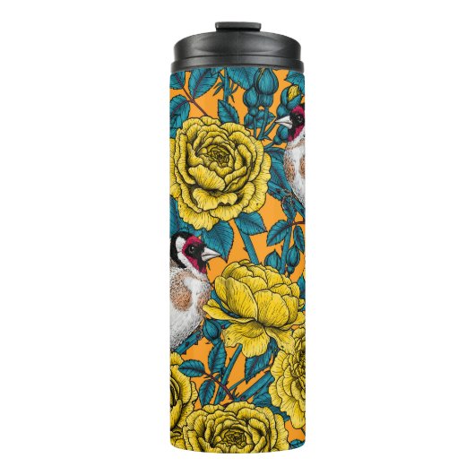 Rose Blume und Goldflossenvögel Thermosbecher (Vorderseite)