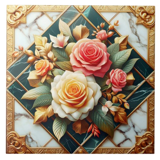 Rose Blumendesign mit Goldakzenten Fliese (Vorderseite)
