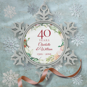 Rose Blumengarland 40. Hochzeitstag Schneeflocken Zinn-Ornament