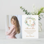 Rose Blumengarland Erster Kommune Foto Dankeskarte (Stehend Vorderseite)