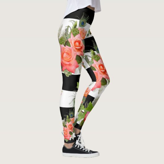 Rose Blumengestreifte Pattern Pfauenfedern Leggings (Rechts)