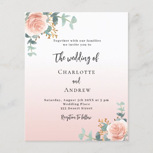 Rose Blumengrün Budget Einladung zur Hochzeit (Vorderseite)