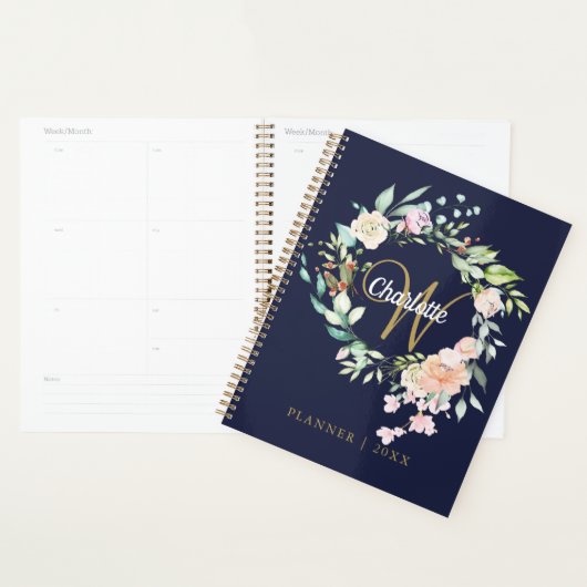 Rose Blumenschrift Monogram Navy Blue Gold Planer (Anzeige)