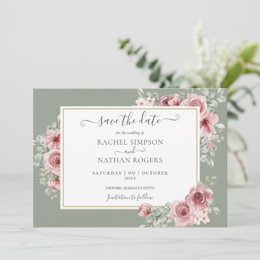 Rose Blumenweih Grünes Foto Hochzeit Save The Date (Stehend Vorderseite)