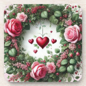 Rose Blumenwein Kranz mit Rotem Herzen Getränkeuntersetzer (Vorderseite)