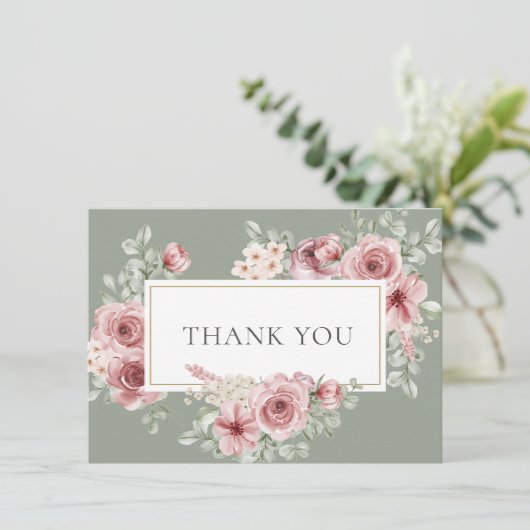 Rose Blumenzage Green Gold Geometric Dankeskarte (Stehend Vorderseite)