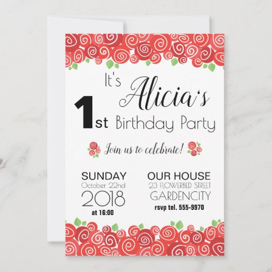 Rose Blumenzelt 1. Geburtstag Party Mädchenerladun Einladung (Vorderseite)