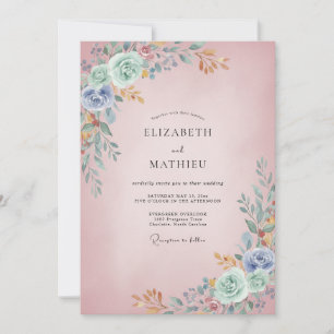Rose Blush Aqua Ranunculus Eukalyptus Hochzeit Einladung