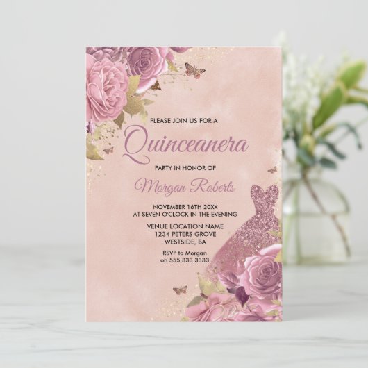 Rose Blush Dress Dusty Quinceanera Party Einladung (Stehend Vorderseite)