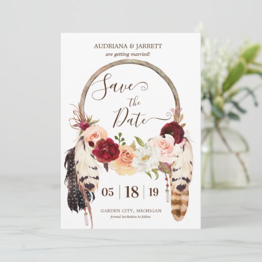 Rose Blush & Peach Dreamcatcher Boho Save the Date Einladung (Stehend Vorderseite)