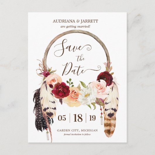 Rose Blush & Peach Dreamcatcher Boho Save the Date Postkarte (Vorderseite)