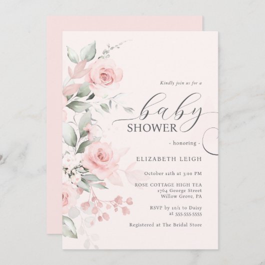 Rose Blush Pink Babydusche Einladung (Vorne/Hinten)