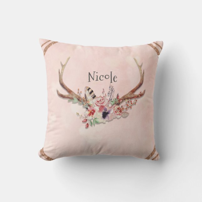Rose Blush Pink Blumentauber Antlers Boho Chic Kissen (Vorderseite)