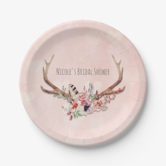 Rose Blush Pink Blumentauber Antlers Boho Chic Pappteller (Vorderseite)