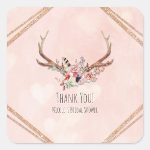 Rose Blush Pink Florale Hirschgeweihe Boho Chic Quadratischer Aufkleber