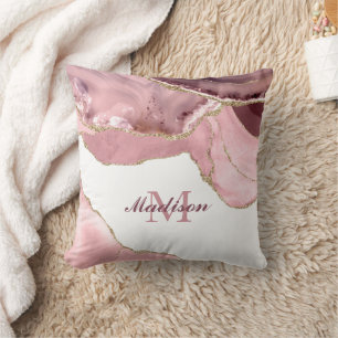 Rose Blush und Gold Glitzer Agate Monogramm Kissen