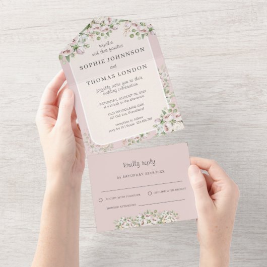 Rose Blütenfarbene Hochzeit All In One Einladung (Abreißtisch)