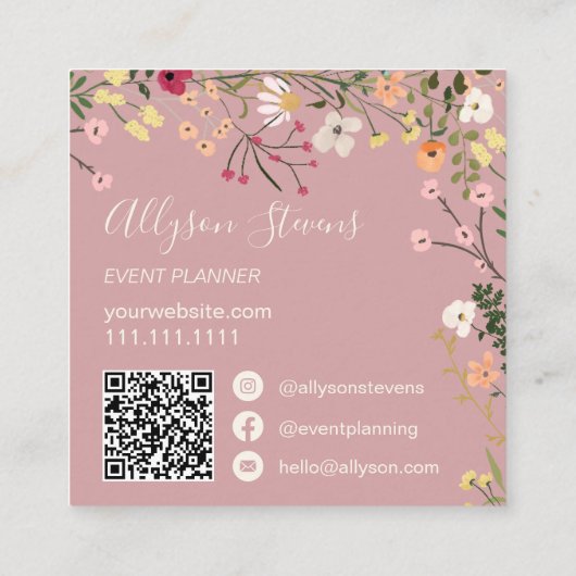 Rose Boho Floral Event Planer Logo qr Code Quadratische Visitenkarte (Rückseite)