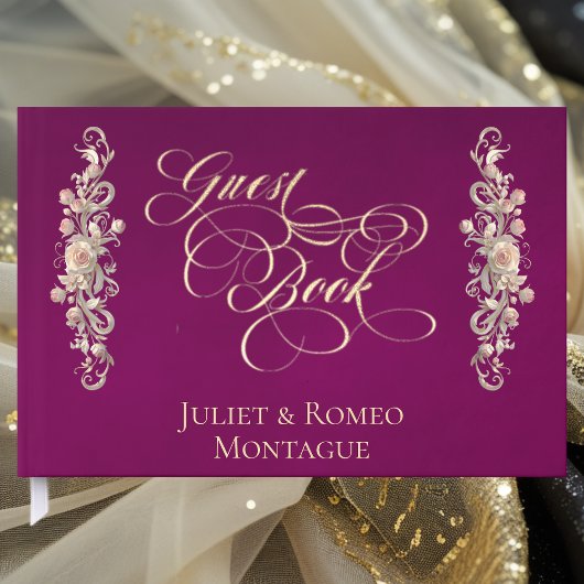 Rose Border & Heart Monogramm - Gästebuch in Pflau