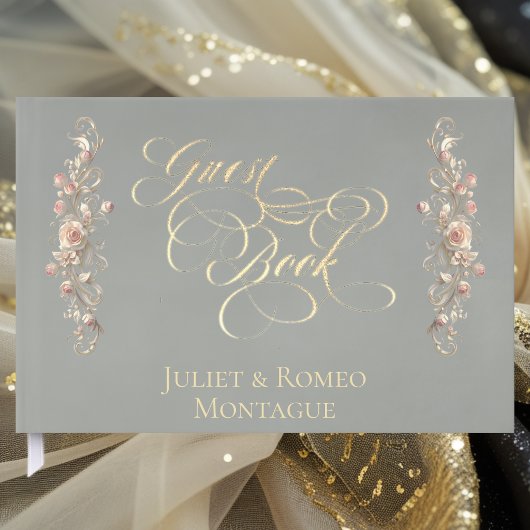 Rose Border & Heart Monogramm - Salbei-Gästebuch Gästebuch