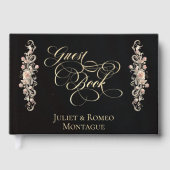 Rose Border & Heart Monogramm - Schwarzes Gästebuc Gästebuch (Vorderseite)