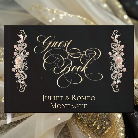 Rose Border & Heart Monogramm - Schwarzes Gästebuc Gästebuch