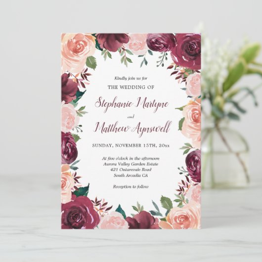 Rose Border Wedding Einladung (Stehend Vorderseite)