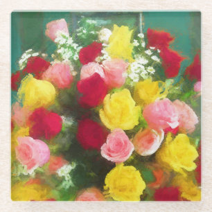 Rose Bouquet Malerei - Niedliche Original Blume Ku Glasuntersetzer