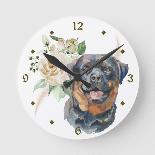 Rose Bouquet Rottweiler Hund Runde Wanduhr (Vorderseite)
