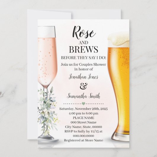 Rose & Brews Paare Hochzeit Eukalyptus Grüne Einladung (Vorderseite)