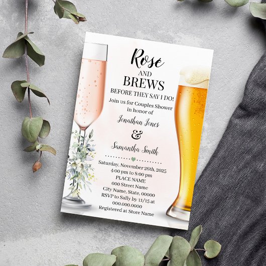 Rose & Brews Paare Hochzeit Eukalyptus Grüne Einladung