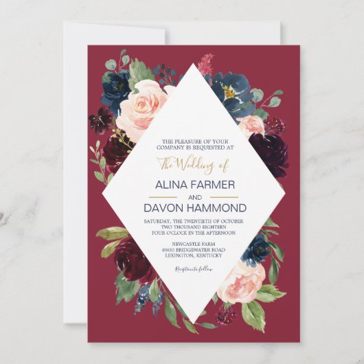 Rose Burgund Botanischer Rahmen II Hochzeit Einladung (Vorderseite)