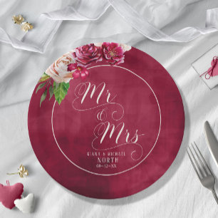 Rose Burgund/Cream Wedding Mr. und Mrs. ID584 Pappteller