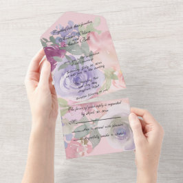 Rosé Burgund und Blau Aquarell Blumen All In One Einladung