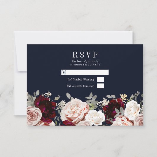 Rose Burgundy Bloral Wedding RSVP Einladung (Vorderseite)