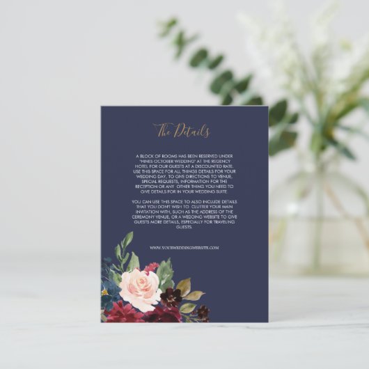 Rose Burgundy Floral Wedding Begleitkarte (Stehend Vorderseite)