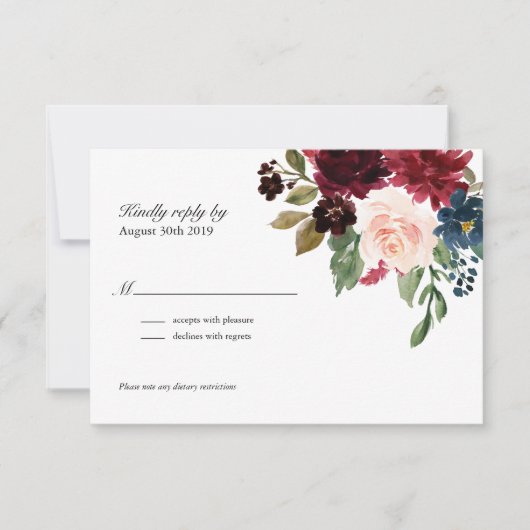 Rose Burgundy Floral Wedding RSVP Karte (Vorderseite)