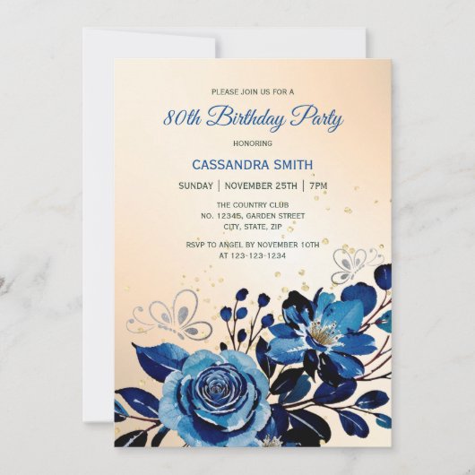 Rose Butterfly Gold Glitzer Peach Birthday Einladung (Vorderseite)