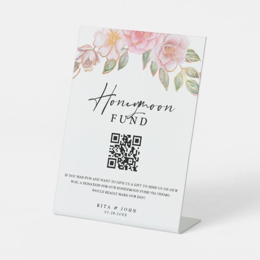 Rose Carnation Honeymoon Fund Cash QR Code Hochzei Sockelschild (Vorderseite)