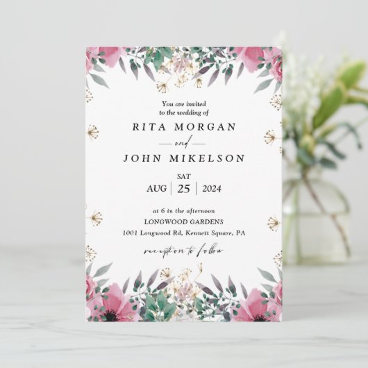 Rose Carnation Minimalistisch Script Wedding Einladung (Stehend Vorderseite)