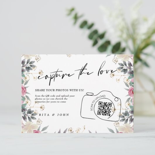 Rose Carnation Script Capture Die Liebe QR-Code Begleitkarte (Stehend Vorderseite)
